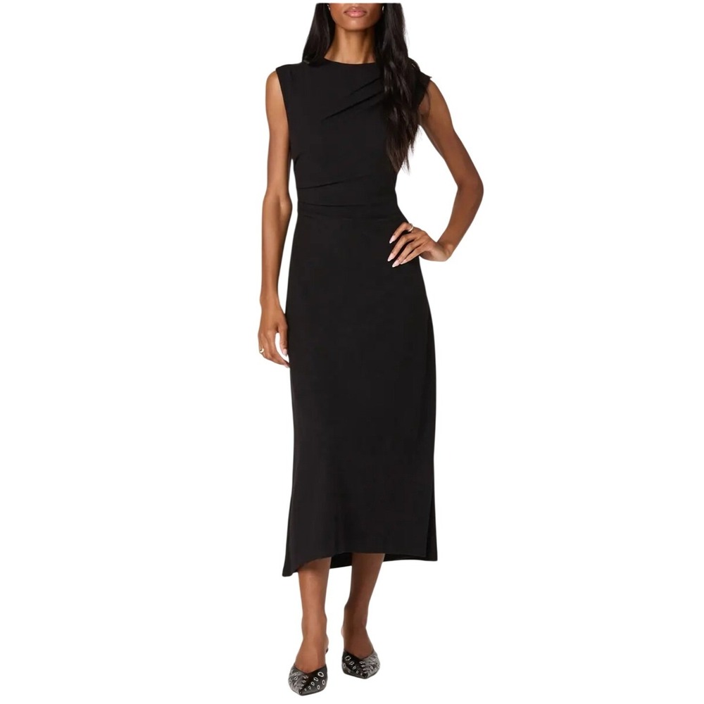 ASTR The Label NWT -747 Drape Sleeveless Midi Dress‎ Black Ruched Womens Large